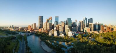 Aerial panoramic view of Calgary Downtown,  during a  sunrise. Alberta, Canada.