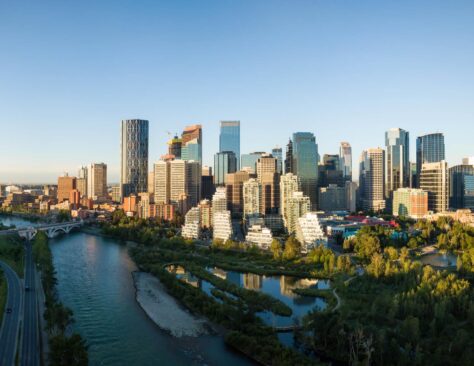 Aerial panoramic view of Calgary Downtown,  during a  sunrise. Alberta, Canada.