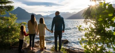 a family looking at the sunset in front of a lake in Canada